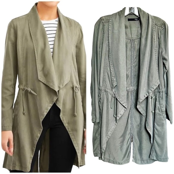 Max Jeans Army Green Utility Jacket Long Lined Draped Drawstring Waist Pocket XS - Picture 1 of 15